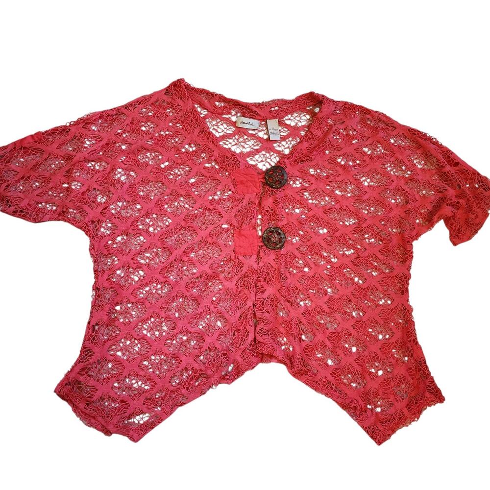 Le Moda Womens Open Knit Top Size XL Pink Short Dolman Sleeve Button Shark Bite